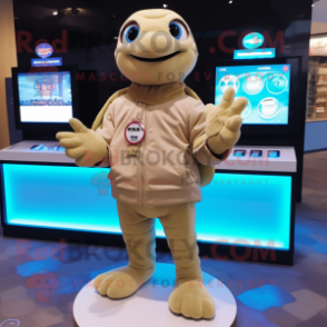 Beige Turtle mascot costume character dressed with a Sweatshirt and Digital watches