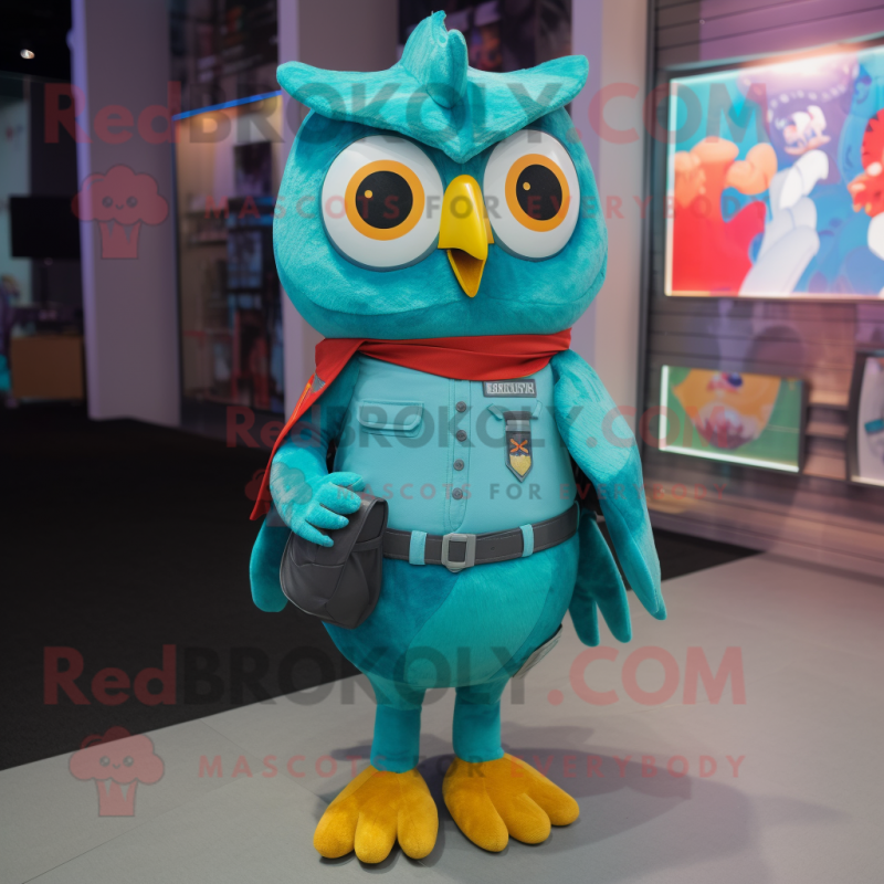 Turquoise Owl mascot costume character dressed with a Jumpsuit and Suspenders Turquoise Owl mascot costume character dressed with a Jumpsuit and Suspenders