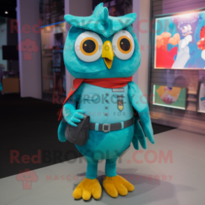 Turquoise Owl mascot costume character dressed with a Jumpsuit and Suspenders