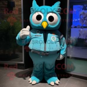 Turquoise Owl mascot costume character dressed with a Jumpsuit and Suspenders