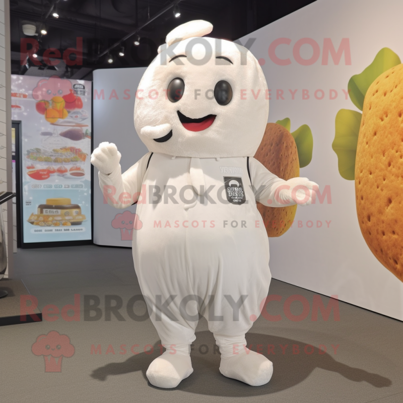 White Potato mascot costume character dressed with a Jumpsuit and Keychains White Potato mascot costume character dressed with a Jumpsuit and Keychains