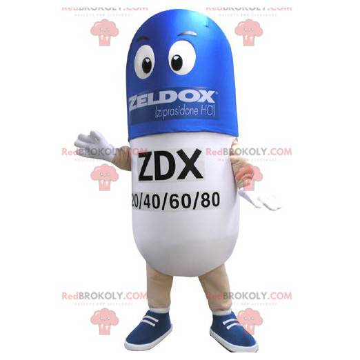Mascote da pílula azul e branca. Mascote da droga -