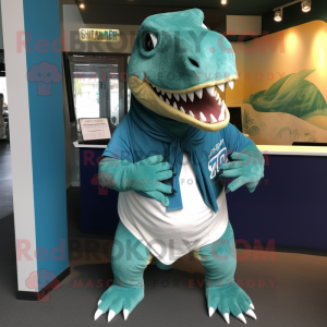 Teal Tyrannosaurus mascot costume character dressed with a Polo Shirt and Shawls