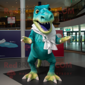 Teal Tyrannosaurus mascot costume character dressed with a Polo Shirt and Shawls