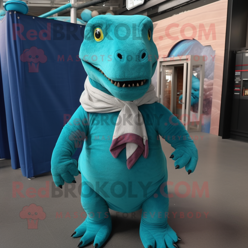 Teal Tyrannosaurus mascot costume character dressed with a Polo Shirt and Shawls
