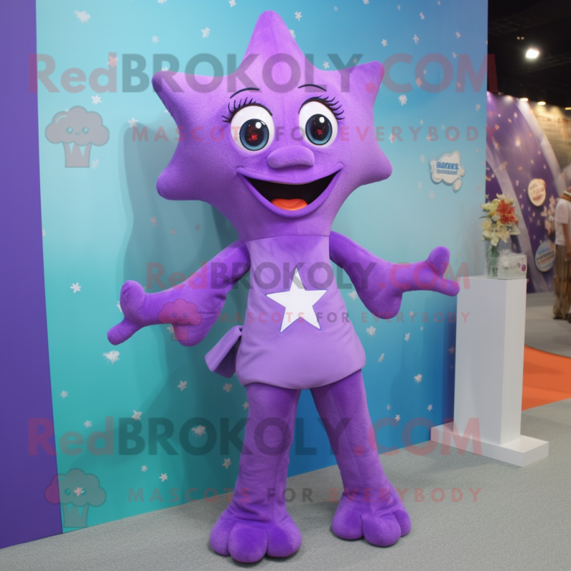 Purple Starfish mascot costume character dressed with a Sheath Dress and Suspenders