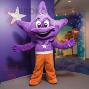 Purple Starfish mascot costume character dressed with a Sheath Dress and Suspenders