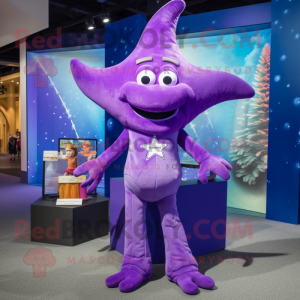 Purple Starfish mascot costume character dressed with a Sheath Dress and Suspenders