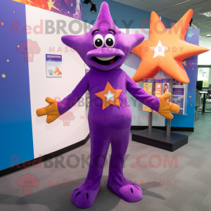 Purple Starfish mascot costume character dressed with a Sheath Dress and Suspenders