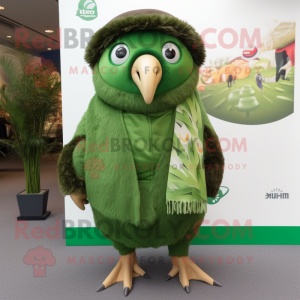 Forest Green Kiwi mascot costume character dressed with a Playsuit and Scarf clips
