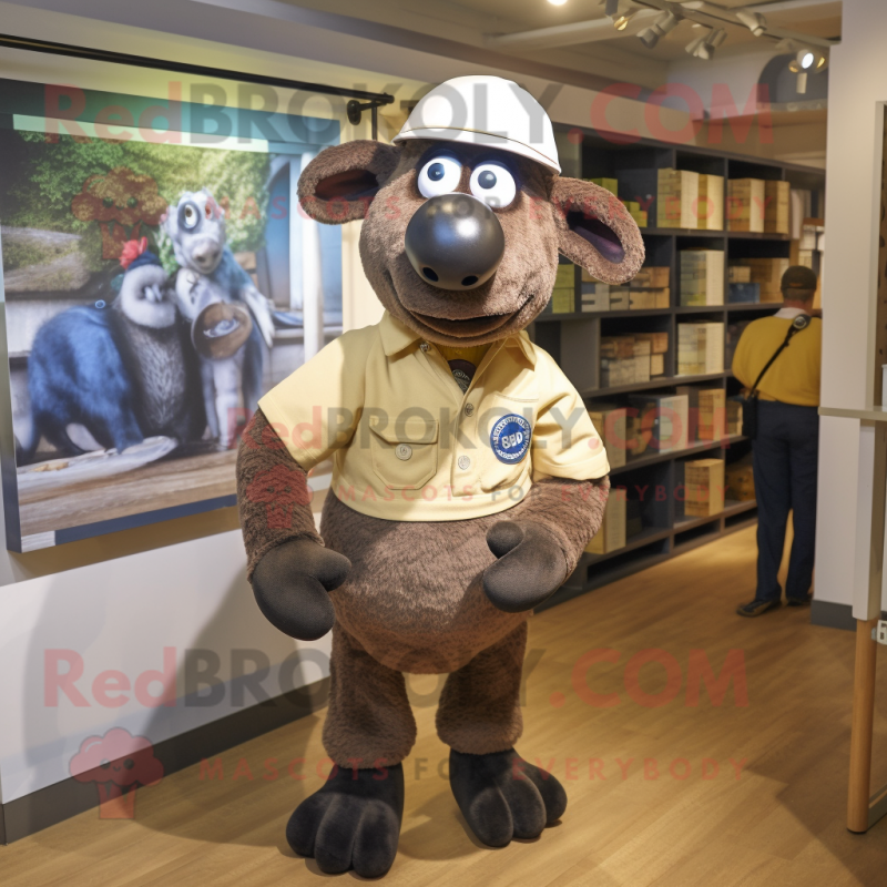 Brown Suffolk Sheep mascot costume character dressed with a Oxford Shirt and Caps Brown Suffolk Sheep mascot costume character dressed with a Oxford Shirt and Caps