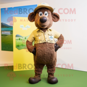 Brown Suffolk Sheep mascot costume character dressed with a Oxford Shirt and Caps