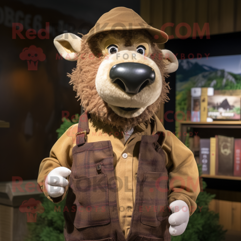 Brown Suffolk Sheep mascot costume character dressed with a Oxford Shirt and Caps Brown Suffolk Sheep mascot costume character dressed with a Oxford Shirt and Caps