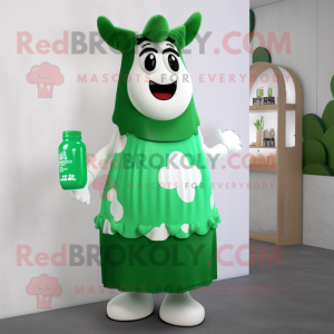 Forest Green Bottle Of Milk mascot costume character dressed with a Dress and Mittens