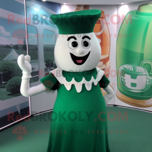 Forest Green Bottle Of Milk mascot costume character dressed with a Dress and Mittens