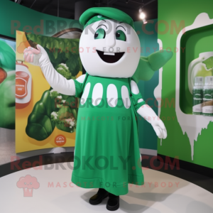 Forest Green Bottle Of Milk mascot costume character dressed with a Dress and Mittens