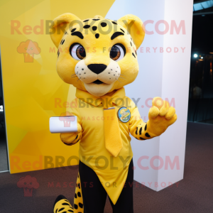 Yellow Cheetah mascot costume character dressed with a Blouse and Pocket squares