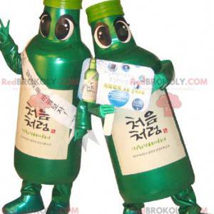 2 maskotter med grønne flasker. 2 flaske maskotter -