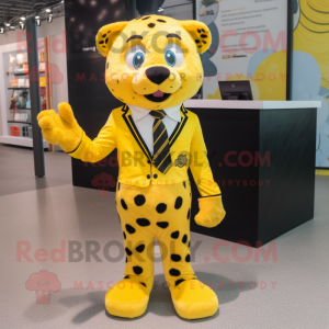Yellow Cheetah mascot costume character dressed with a Blouse and Pocket squares