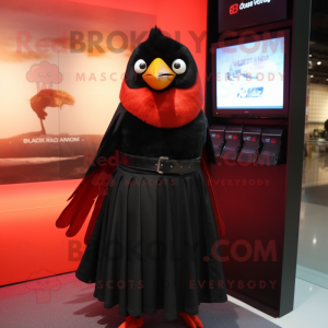 Red Blackbird mascot costume character dressed with a Wrap Skirt and Digital watches