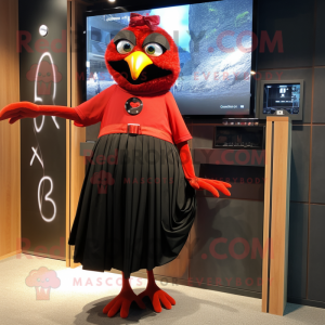 Red Blackbird mascot costume character dressed with a Wrap Skirt and Digital watches