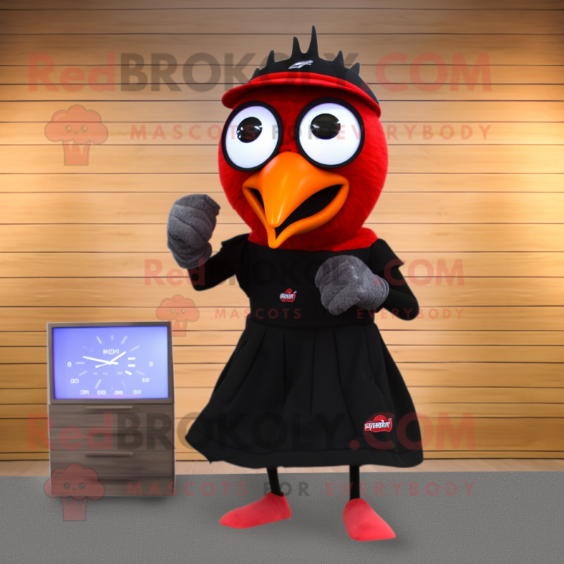Red Blackbird mascot costume character dressed with a Wrap Skirt and Digital watches Red Blackbird mascot costume character dressed with a Wrap Skirt and Digital watches