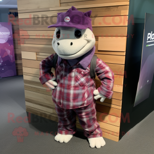 Purple Dragon mascot costume character dressed with a Flannel Shirt and Beanies