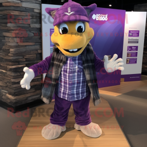 Purple Dragon mascot costume character dressed with a Flannel Shirt and Beanies