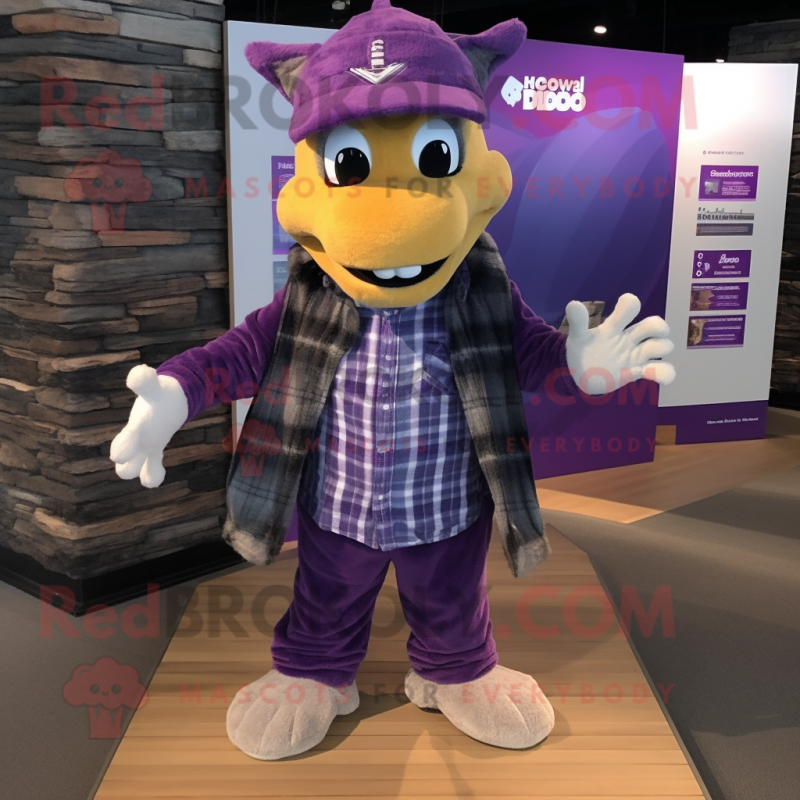 Purple Dragon mascot costume character dressed with a Flannel Shirt and Beanies Purple Dragon mascot costume character dressed with a Flannel Shirt and Beanies