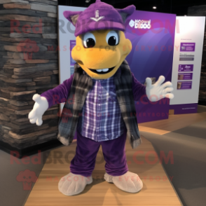 Purple Dragon mascot costume character dressed with a Flannel Shirt and Beanies