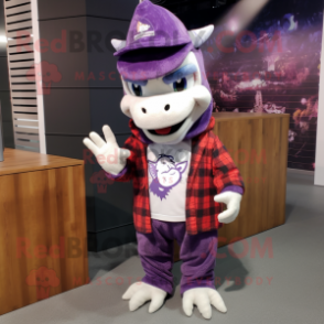 Purple Dragon mascot costume character dressed with a Flannel Shirt and Beanies