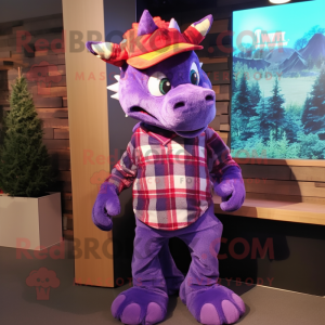 Purple Dragon mascot costume character dressed with a Flannel Shirt and Beanies