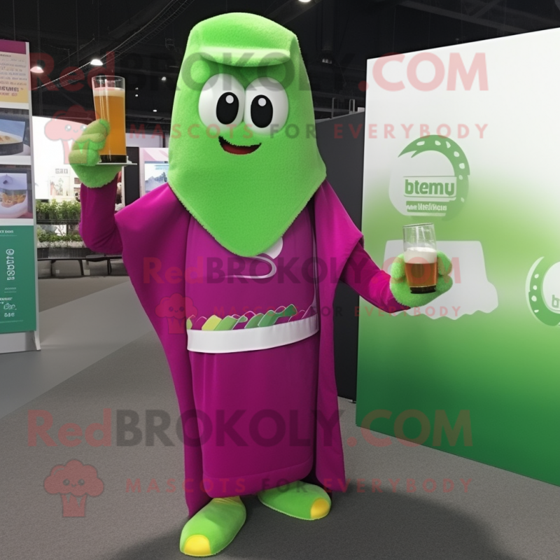 Magenta Green Beer mascot costume character dressed with a Jumpsuit and Shawls Magenta Green Beer mascot costume character dressed with a Jumpsuit and Shawls