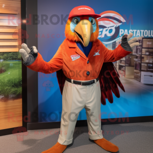 Rust Macaw mascot costume character dressed with a Blazer and Caps