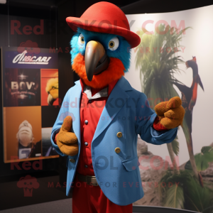 Rust Macaw mascot costume character dressed with a Blazer and Caps