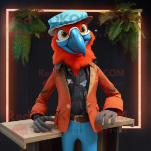 Rust Macaw mascot costume character dressed with a Blazer and Caps