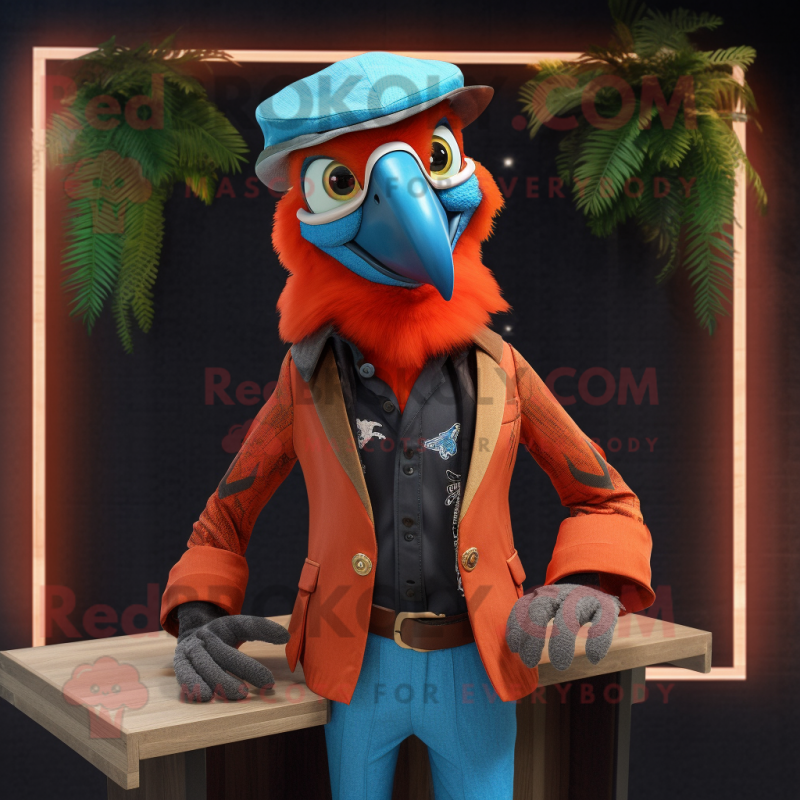 Rust Macaw mascot costume character dressed with a Blazer and Caps