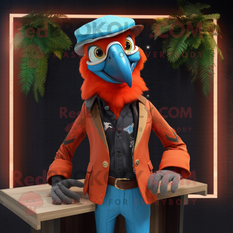 Rust Macaw mascot costume character dressed with a Blazer and Caps Rust Macaw mascot costume character dressed with a Blazer and Caps