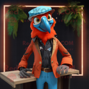 Rust Macaw mascot costume character dressed with a Blazer and Caps