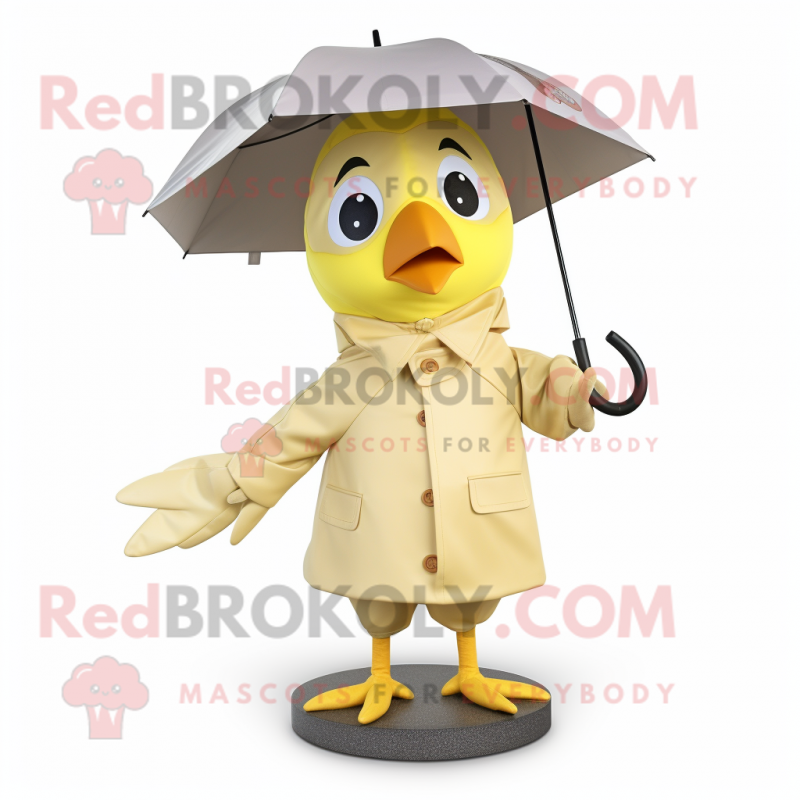 Beige Canary mascot costume character dressed with a Raincoat and Pocket squares Beige Canary mascot costume character dressed with a Raincoat and Pocket squares