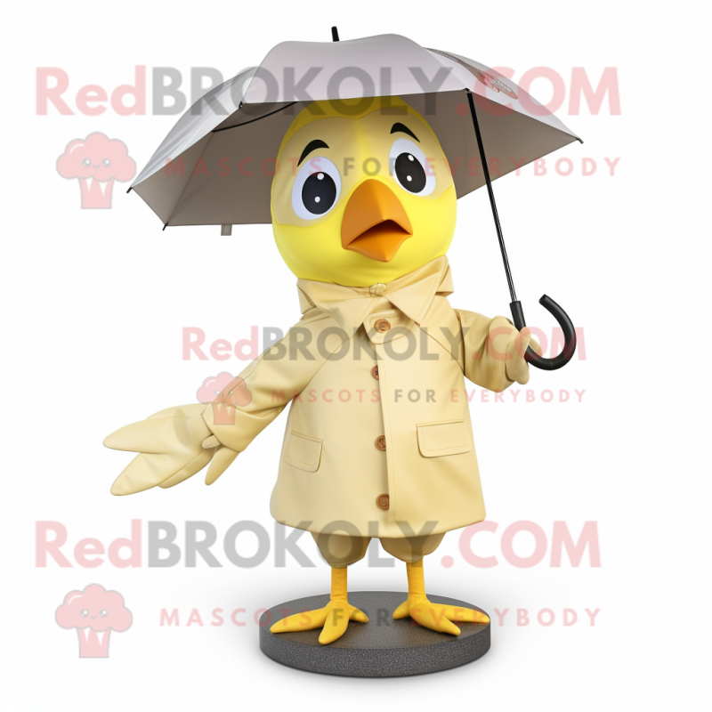 Beige Canary mascot costume character dressed with a Raincoat and Pocket squares