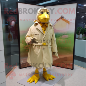 Beige Canary mascot costume character dressed with a Raincoat and Pocket squares