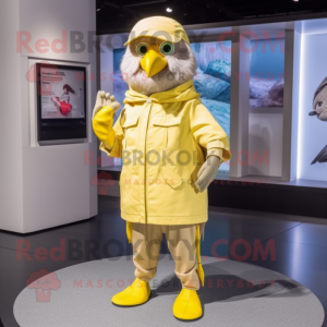 Beige Canary mascot costume character dressed with a Raincoat and Pocket squares