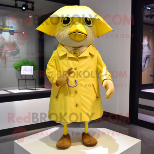 Beige Canary mascot costume character dressed with a Raincoat and Pocket squares