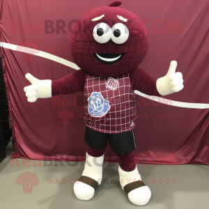 Maroon Volleyball Net mascot costume character dressed with a Playsuit and Shoe clips