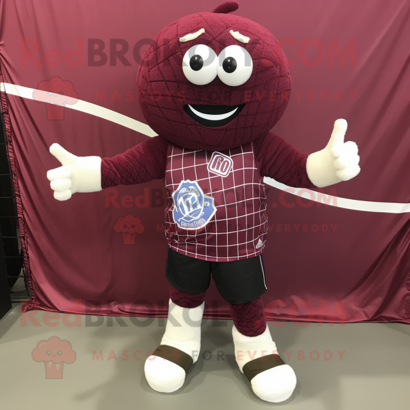 Maroon Volleyball Net mascot costume character dressed with a Playsuit and Shoe clips