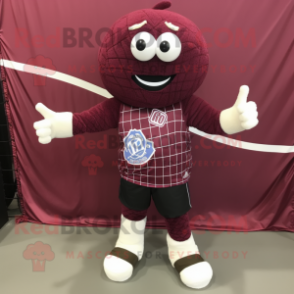 Maroon Volleyball Net mascot costume character dressed with a Playsuit and Shoe clips