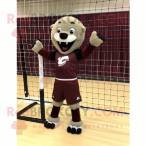 Maroon Volleyball Net mascot costume character dressed with a Playsuit and Shoe clips