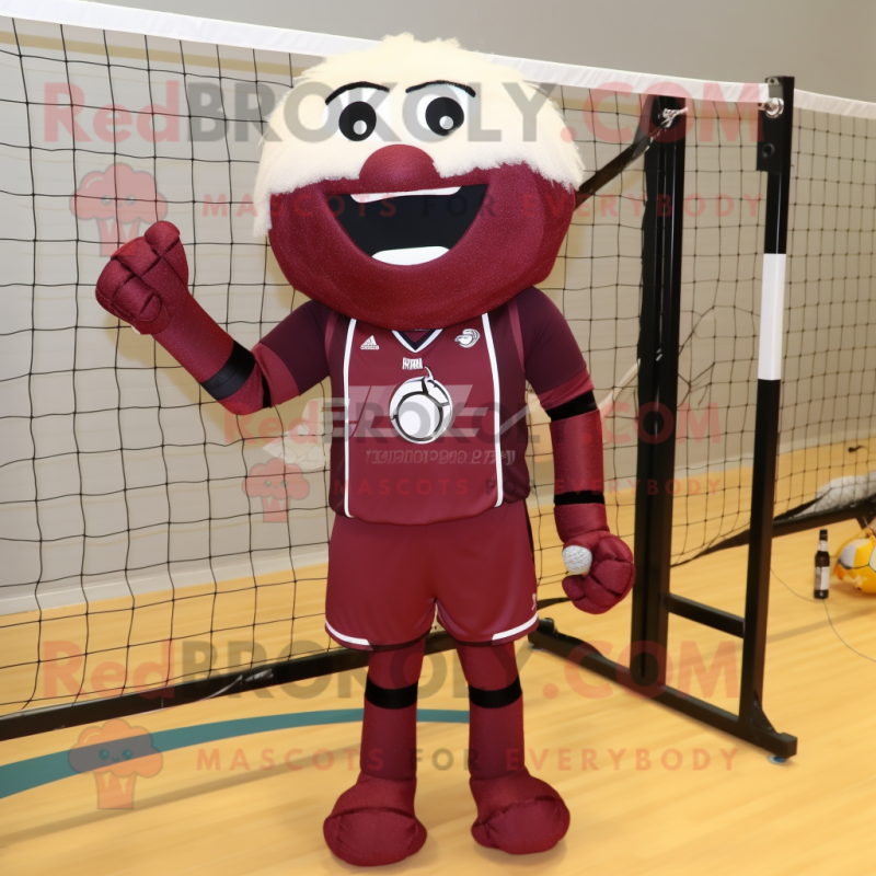 Maroon Volleyball Net mascot costume character dressed with a Playsuit and Shoe clips