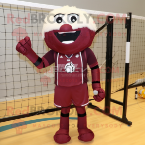 Maroon Volleyball Net mascot costume character dressed with a Playsuit and Shoe clips